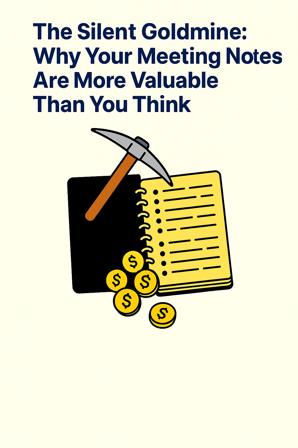 The Silent Goldmine concept illustration showing a mining pickaxe next to a spiral notebook with gold coins, representing how meeting notes contain valuable hidden insights for business growth